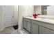 Bright bathroom with double vanity, stylish cabinets, and decorative pink flowers at 1310 Speckle Park Way, Stockbridge, GA 30281