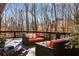 Cozy back deck seating area with comfortable patio furniture overlooking trees at 9465 Mistwater Close, Roswell, GA 30076