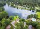 Stunning aerial view of the lake with surrounding homes, lush greenery, and community pool at 203 Northside Nw Dr, Kennesaw, GA 30144