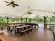 Covered outdoor seating area with picnic tables and ceiling fans, perfect for gatherings and enjoying the outdoors at 203 Northside Nw Dr, Kennesaw, GA 30144