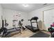 Bright home gym with wooden floors featuring Nautilus treadmill, free weights and exercise bike at 7455 Richmond Way, Cumming, GA 30040