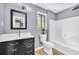 Modern bathroom featuring a sleek vanity with a dark cabinet, and a shower/tub combination at 6684 Heathrow Ln, Stone Mountain, GA 30087