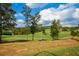 Scenic view of the golf course with lush green grass, mature trees, and a blue golf cart at 223 Misty View Dr, Canton, GA 30114