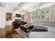 Cozy living room with fireplace, built-in shelving, large windows, and comfortable seating at 3633 Broughton Se Cir, Atlanta, GA 30339