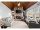 Living room with a stone fireplace, a wood ceiling and large windows to the backyard at 5245 Wilshire Xing, Cumming, GA 30040