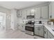 Modern kitchen features stainless steel appliances and gray cabinets with white countertops at 4035 Chelsea Cmn, Tucker, GA 30084