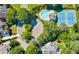 Aerial shot showing a pool and tennis courts surrounded by lush trees in a neighborhood at 2813 Long Grove Ct, Marietta, GA 30062