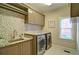 Modern laundry room featuring granite countertops, tile backsplash, and stainless steel appliances at 2813 Long Grove Ct, Marietta, GA 30062