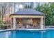 Outdoor pool featuring a covered stone kitchen and bar area perfect for entertaining with lush landscaping at 2679 Wynnton Dr, Duluth, GA 30097