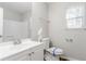 Bathroom featuring sink, toilet with blue tape, vanity, mirror and a shower at 5438 Zachary Dr, Stone Mountain, GA 30083