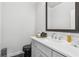 Modern powder room with white vanity, quartz countertop, stylish mirror, and decorative accessories at 4434 Oglethorpe Nw Loop, Acworth, GA 30101