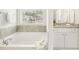 Bright bathroom featuring a tub with tile surround, window view, and granite countertops at 2021 Wyndham Pl, Conyers, GA 30013