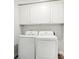 Convenient laundry room with modern washer and dryer units and storage cabinets at 2021 Wyndham Pl, Conyers, GA 30013