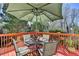 Backyard deck furnished with a table, chairs, and an umbrella for shade at 1301 Dayspring Trce, Lawrenceville, GA 30045