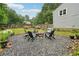 Backyard featuring a fire pit area with seating and lush landscaping at 3087 Sanibel Sw Dr, Stone Mountain, GA 30087