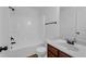 Clean bathroom featuring a single sink vanity with bronze fixtures and shower tub combo at 4869 Locherby Dr, Fairburn, GA 30213