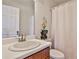 Bright bathroom featuring a white sink, vanity, white shower curtain, and decorative flowers at 6035 Wintergreen Rd, Norcross, GA 30093