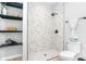 Modern bathroom showcasing a stand-up shower with black fixtures and a set of wall mounted shelves at 4834 Neal Rdg, Atlanta, GA 30349