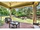 Relaxing covered patio with comfortable seating, coffee table, and a view of the well-maintained yard at 201 Beacon Cv, Canton, GA 30114