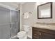 Bathroom with a granite vanity top, tiled floor, glass enclosed shower, and modern fixtures at 2150 Fincher Rd, Canton, GA 30114