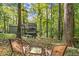 Secluded backyard with a patio and a firepit area, surrounded by lush trees at 275 Waverly W Trce, Roswell, GA 30075