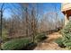 Backyard view shows the property line with woods beyond and a deck on the house at 230 Society St, Alpharetta, GA 30022