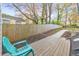 Private fenced backyard with a wooden deck, chair, and partial view of surrounding trees at 1591 Alder Se Ct, Atlanta, GA 30317