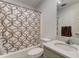 Clean bathroom featuring a tub, a patterned shower curtain and marble countertop at 684 Old Cumming Rd, Sugar Hill, GA 30518