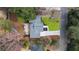 Aerial view shows layout of home with patio, firepit, driveway, and manicured front and back lawns at 348 Lakemoore Ne Dr, Atlanta, GA 30342