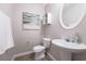 Cozy half-bathroom featuring a pedestal sink, oval mirror, and fresh, neutral paint at 2720 Marlin Dr, Mcdonough, GA 30253