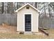 Backyard shed featuring weathered door, siding, and simple roof with ventilation, offering storage or potential studio space at 4101 Morgan Rd, Tucker, GA 30084