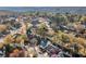 Aerial neighborhood view featuring mature trees, colorful homes, and scenic surroundings at 1545 Heritage Trl, Roswell, GA 30075