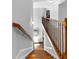 A staircase features wooden steps, white risers, and a wooden handrail at 140 Discovery Lake Dr, Fayetteville, GA 30215