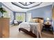 Spacious primary bedroom featuring a tray ceiling, a large bed, and bright windows at 2805 Cambria Ct, Cumming, GA 30041