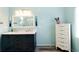 Stylish bathroom with blue walls, double vanity, and modern lighting at 814 Oak Moss Dr, Lawrenceville, GA 30043