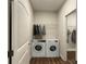 Efficient laundry room equipped with a washer, dryer, and storage space at 61 Colonial Terrace, Villa Rica, GA 30180