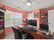 Office space featuring pink walls, a ceiling fan, window and blinds, desk with monitor at 520 Ballyshannon Dr, Dacula, GA 30019