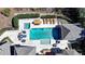 Aerial view of the in-ground pool, outdoor seating, and manicured lawn at 2892 Darlington Run, Duluth, GA 30097