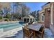 Backyard swimming pool area featuring a covered outdoor kitchen and dining space at 2892 Darlington Run, Duluth, GA 30097