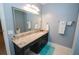 Bathroom featuring granite countertops, a vanity, soft blue walls, and a decorative mirror at 3045 Camp Branch Rd, Buford, GA 30519