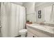 Bathroom featuring a shower-tub combo, vanity with granite countertop, and neutral color scheme at 170 Wheaten Dr, Woodstock, GA 30188