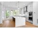 Modern kitchen with an island, stainless steel appliances, and a door to the backyard at 245 Mayfair Ct, Alpharetta, GA 30009
