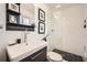 Modern bathroom featuring a glass-enclosed shower, sleek vanity, and stylish fixtures at 5890 Kayron Dr, Atlanta, GA 30328