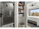 Bathroom with open shelving and glass door shower at 1307 Glenwood Se Ave, Atlanta, GA 30316