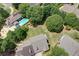 Bird's eye view of a single-Gathering home with a pool and manicured backyard, surrounded by lush greenery at 555 Brickleberry Ln, Roswell, GA 30075