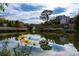 Flowers frame a tranquil pond reflecting the sky, trees, and nearby apartments at 567 Ponce De Leon Ne Ave # 502, Atlanta, GA 30308