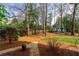 Landscaped backyard with mature trees, mulched beds, and a stone walkway leading to a grassy area at 730 Glenferry Trl, Atlanta, GA 30328