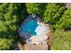 A secluded community pool, captured from above, reveals a tranquil setting for relaxation and leisure amidst lush greenery at 730 Pear Grove Pl, Marietta, GA 30066