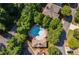 Aerial view highlights a secluded community pool bordered by mature trees, offering residents a refreshing and private retreat at 730 Pear Grove Pl, Marietta, GA 30066