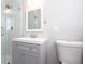 Modern bathroom features a glass enclosed shower with a gray vanity and ample natural light at 1722 Johnston Nw Trl, Kennesaw, GA 30152